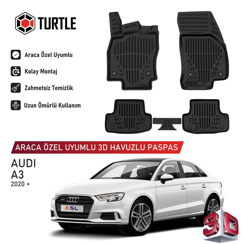 Turtle Audi A3 Sportback (B8) 2019-2026 Uyumlu 3D Havuzlu Oto Paspas - 1