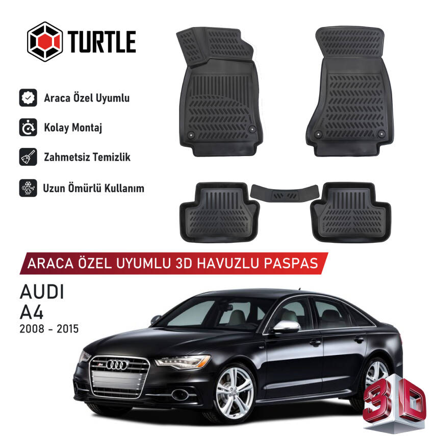 Turtle Audi A4 (B8) 2008-2015 Uyumlu 3D Havuzlu Oto Paspas - 1