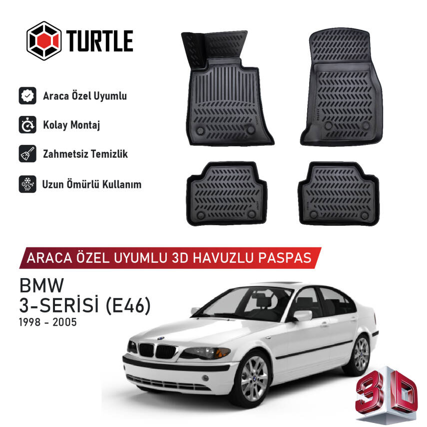 Turtle Bmw 3-Series (E46) 1998-2005 Uyumlu 3D Havuzlu Oto Paspas - 1