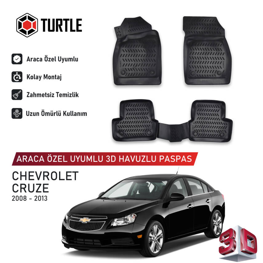 Turtle Chevrolet Cruze 2008-2016 Uyumlu 3D Havuzlu Oto Paspas - 1