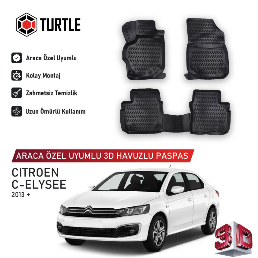 Turtle Citroen C-Elysee 2013-2026 Uyumlu 3D Havuzlu Oto Paspas - 1