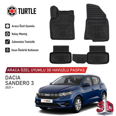 Turtle Dacia Sandero Stepway (III) 2021-2026 Uyumlu 3D Havuzlu Oto Paspas