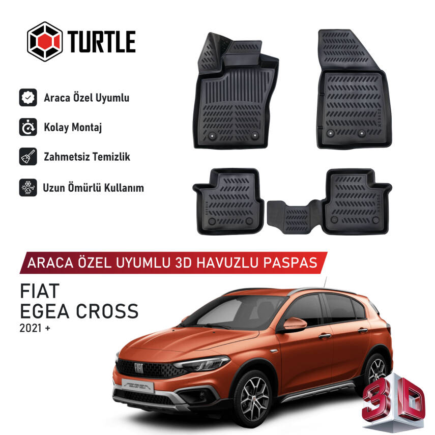 Turtle Fiat Egea Cross 2020-2026 Uyumlu 3D Havuzlu Oto Paspas - 1