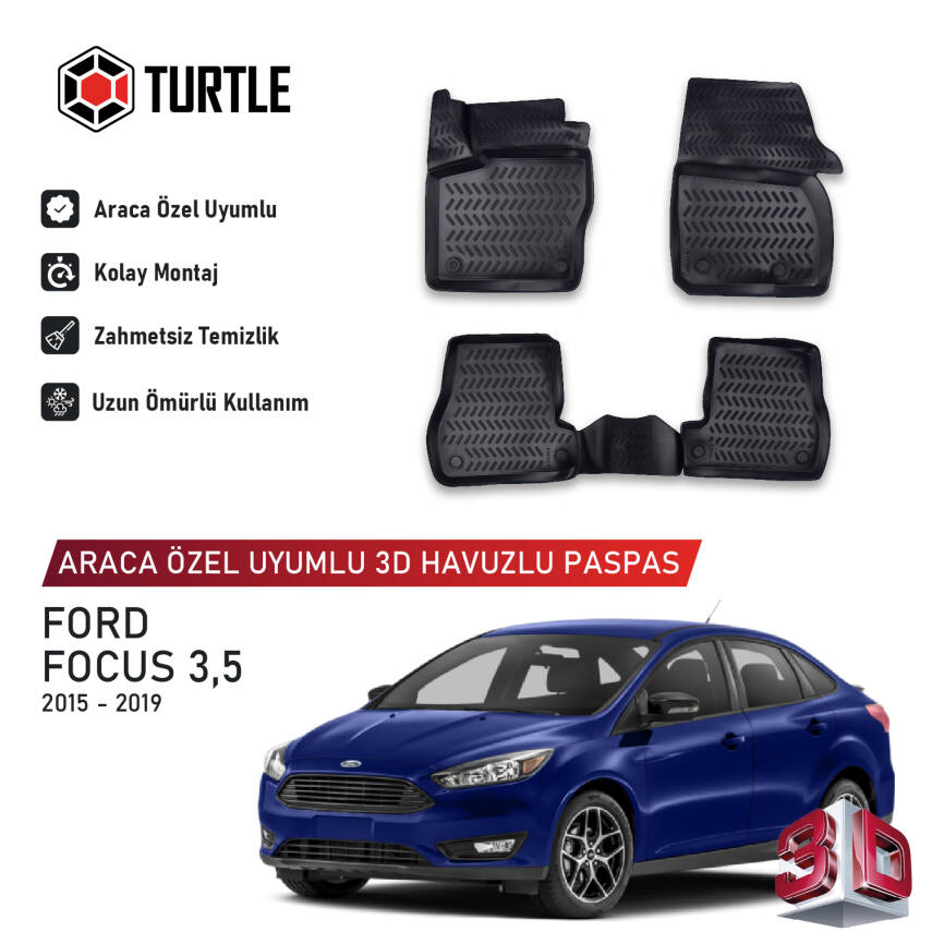 Turtle Ford Focus (Mk3.5) 2010-2015 Uyumlu 3D Havuzlu Oto Paspas - 1