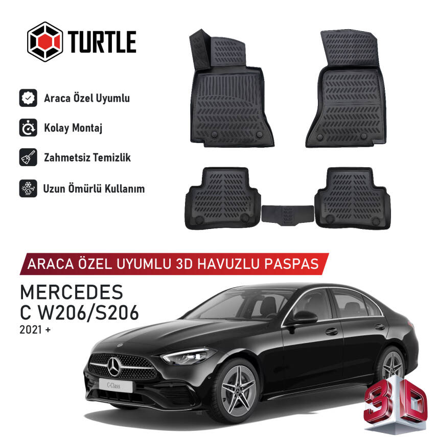 Turtle Mercedes-Benz C-Class (W206) 2021-2026 Uyumlu 3D Havuzlu Oto Paspas - 1