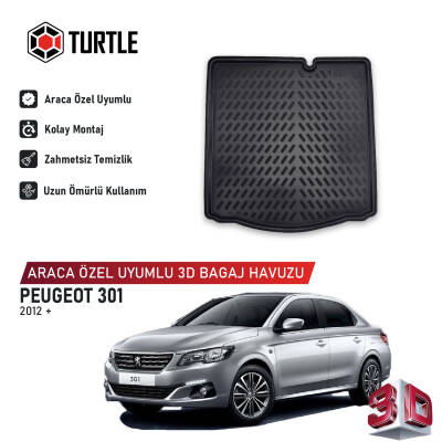 Turtle Peugeot 301 2012-2026 Uyumlu 3D Havuzlu Bagaj Havuzu