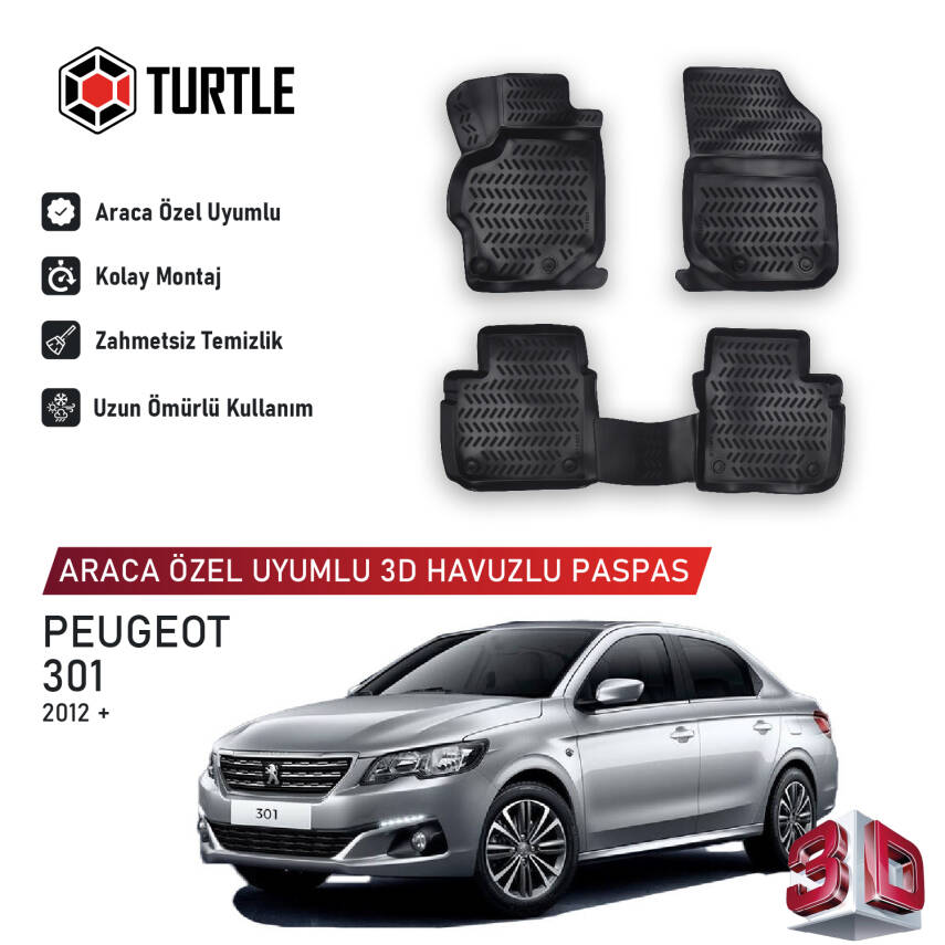 Turtle Peugeot 301 2012-2026 Uyumlu 3D Havuzlu Oto Paspas - 1