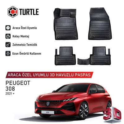 Turtle Peugeot 308 2021-2026 Uyumlu 3D Havuzlu Oto Paspas