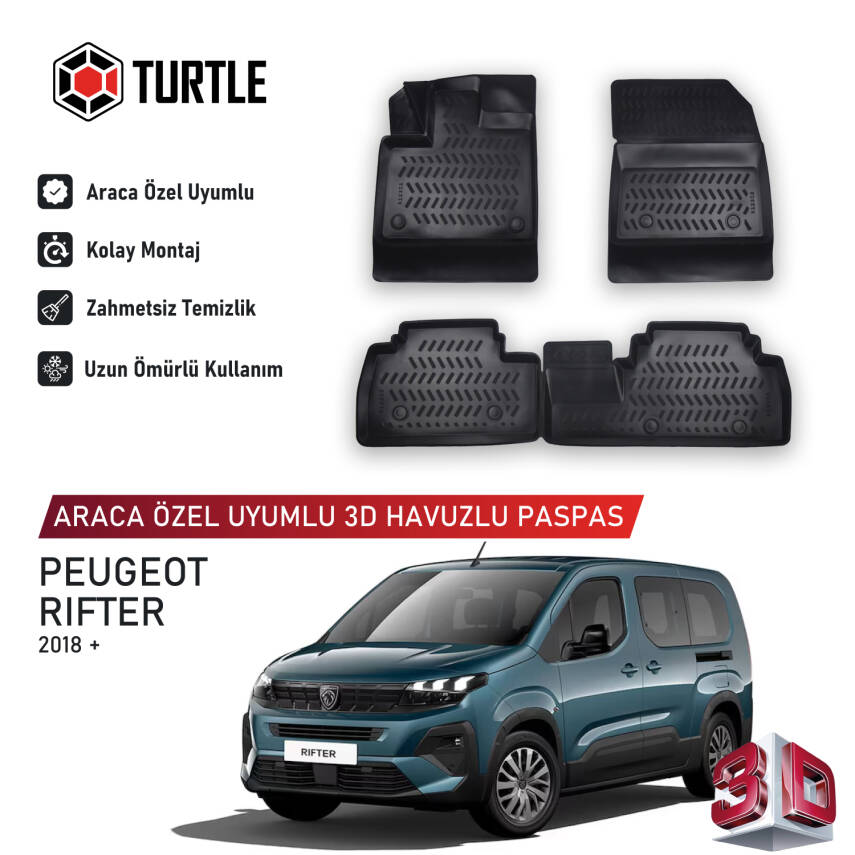 Turtle Peugeot Rifter 2019-2024 Uyumlu 3D Havuzlu Oto Paspas - 1