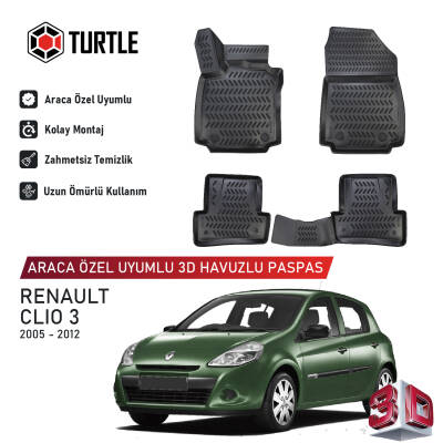 Turtle Renault Clio (Mk3) Hb 2005-2012 Uyumlu 3D Havuzlu Oto Paspas