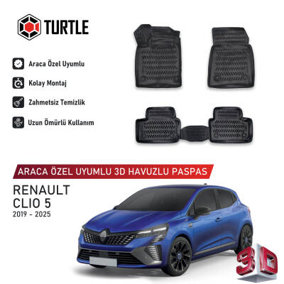 Turtle Renault Clio (V) 2019-2025 Uyumlu 3D Havuzlu Oto Paspas