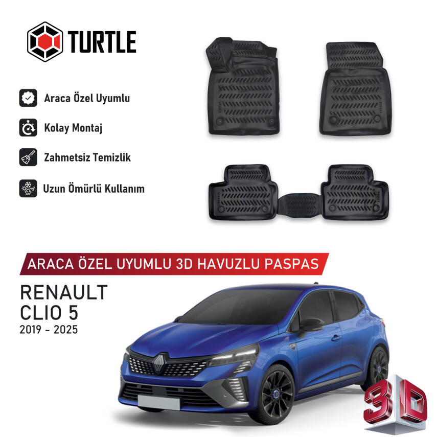 Turtle Renault Clio (V) 2019-2025 Uyumlu 3D Havuzlu Oto Paspas - 1