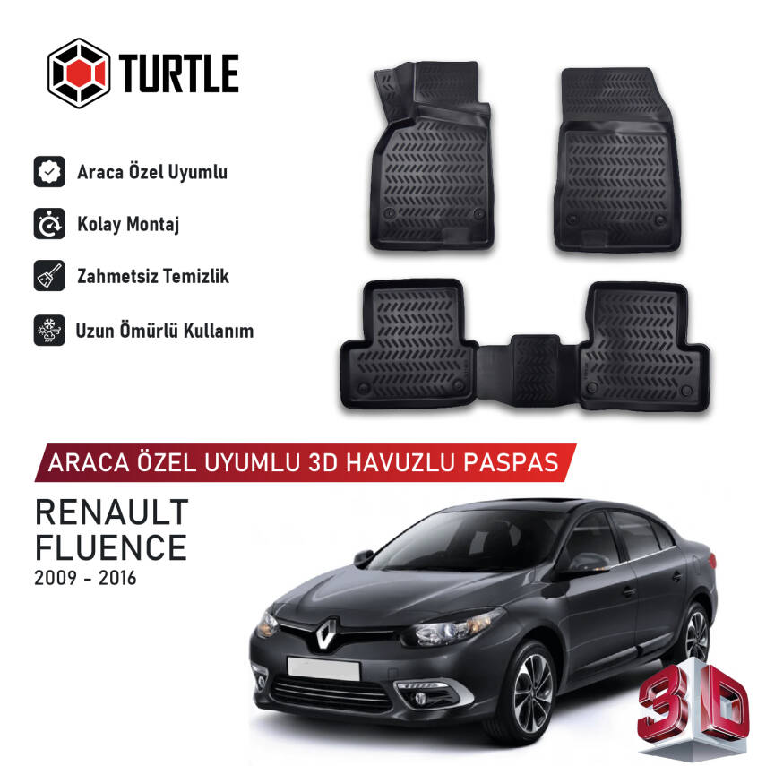 Turtle Renault Fluence 2009-2026 Uyumlu 3D Havuzlu Oto Paspas - 1