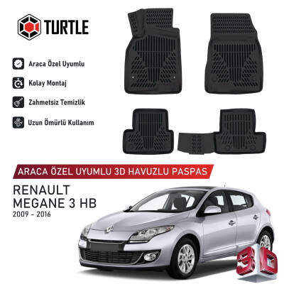Turtle Renault Megane III (Hb) 2008-2016 Uyumlu 3D Havuzlu Oto Paspas