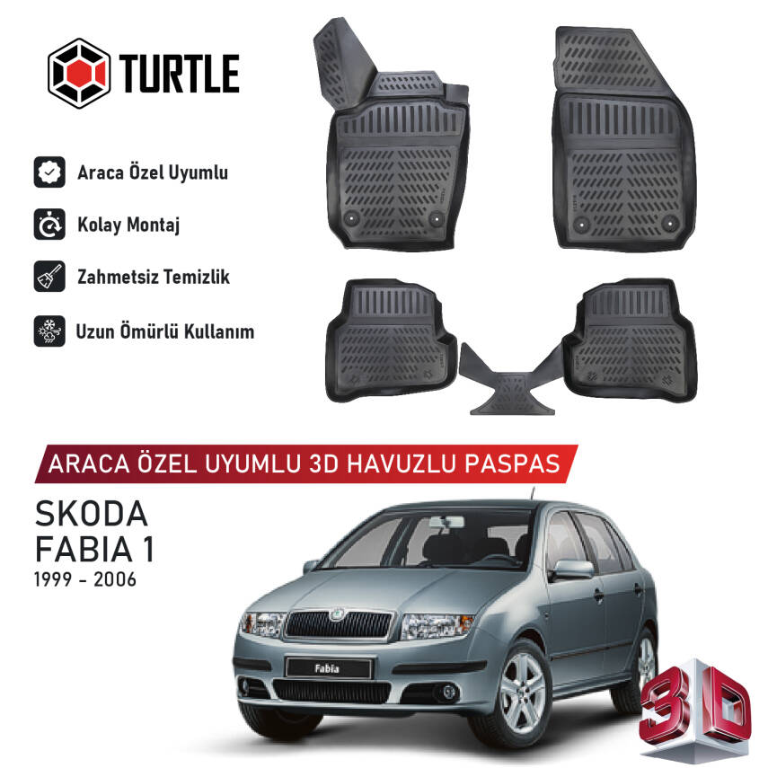 Turtle Skoda Fabia (Mk1) 1999-2007 Uyumlu 3D Havuzlu Oto Paspas - 1