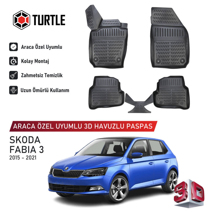 Turtle Skoda Fabia (Nj) 2015-2021 Uyumlu 3D Havuzlu Oto Paspas - 1