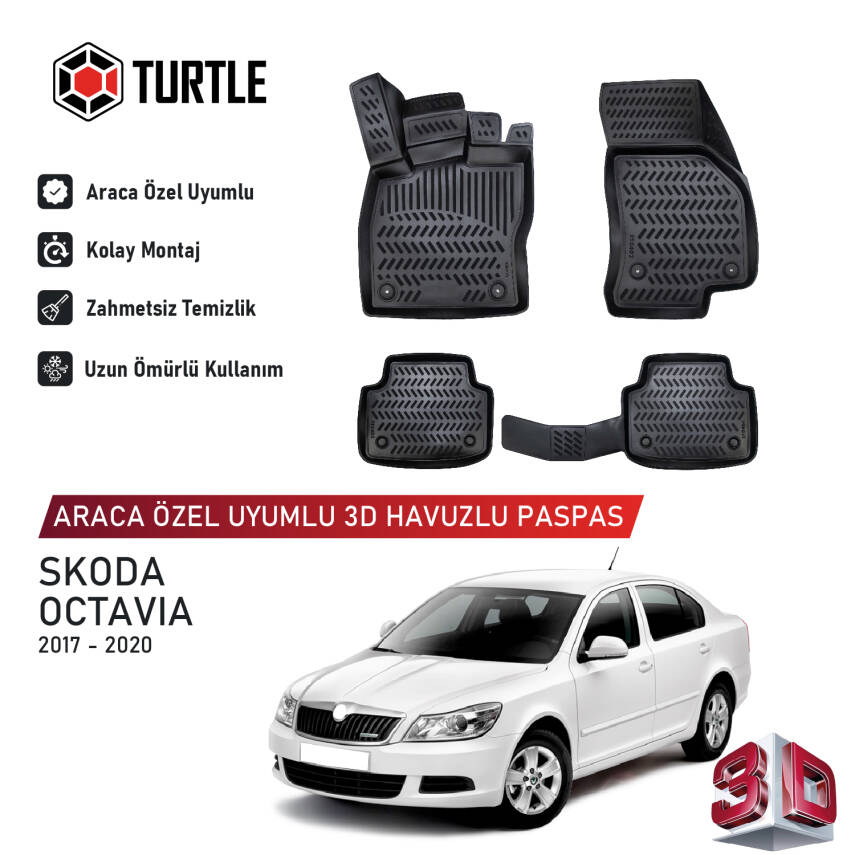Turtle Skoda Octavia (Mk2) 2004-2011 Uyumlu 3D Havuzlu Oto Paspas - 1