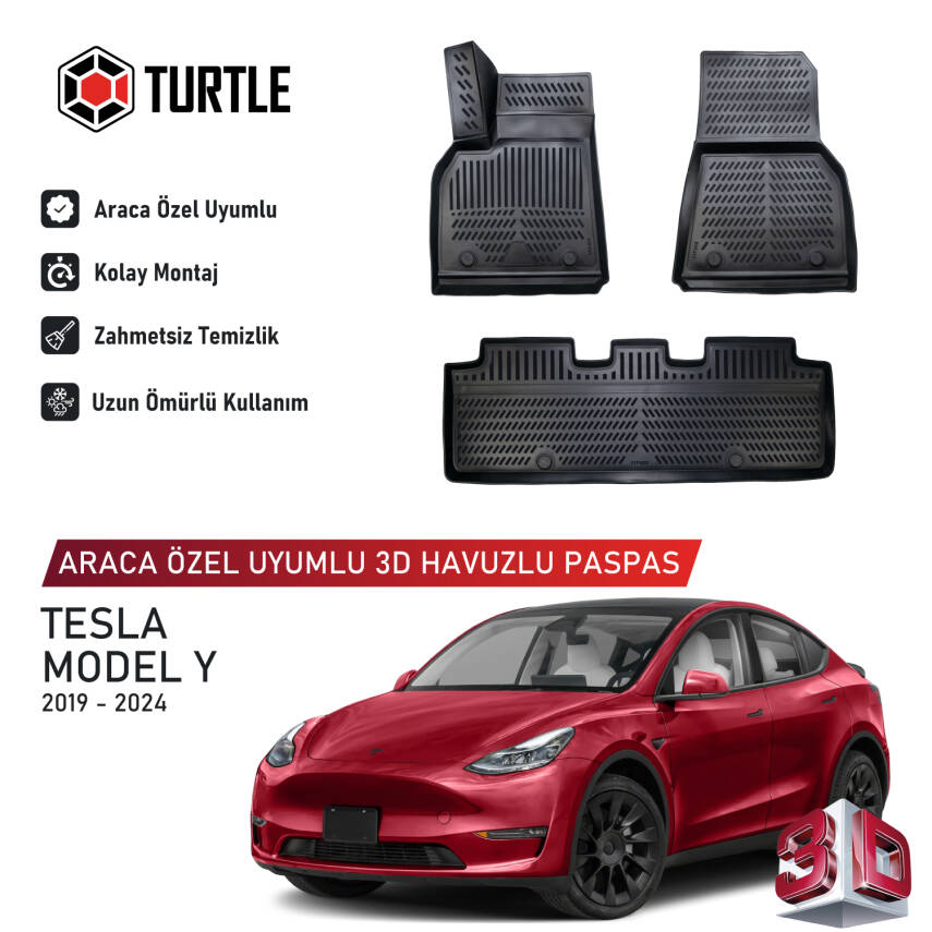 Turtle Tesla Model Y 2020-2026 Uyumlu 3D Havuzlu Oto Paspas - 1