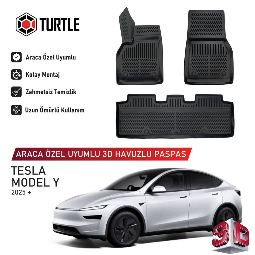 Turtle Tesla Model Y Juniper 2025-2026 Uyumlu 3D Havuzlu Oto Paspas - 1