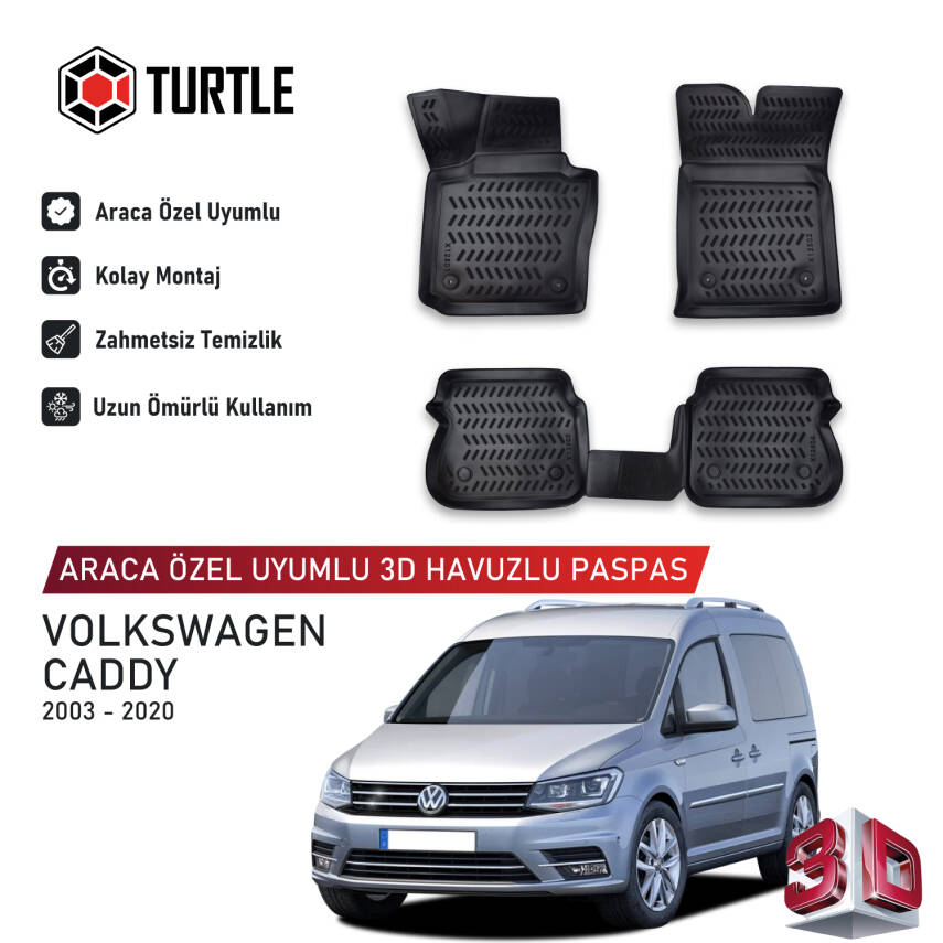 Turtle Volkswagen Caddy (Mk3) 2003-2020 Uyumlu 3D Havuzlu Oto Paspas - 1