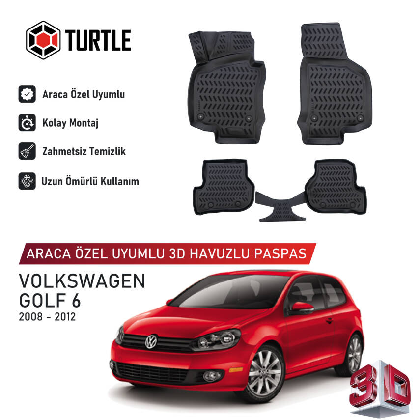 Turtle Volkswagen Golf (Mk6) Stationwagon 2009-2012 Uyumlu 3D Havuzlu Oto Paspas - 1