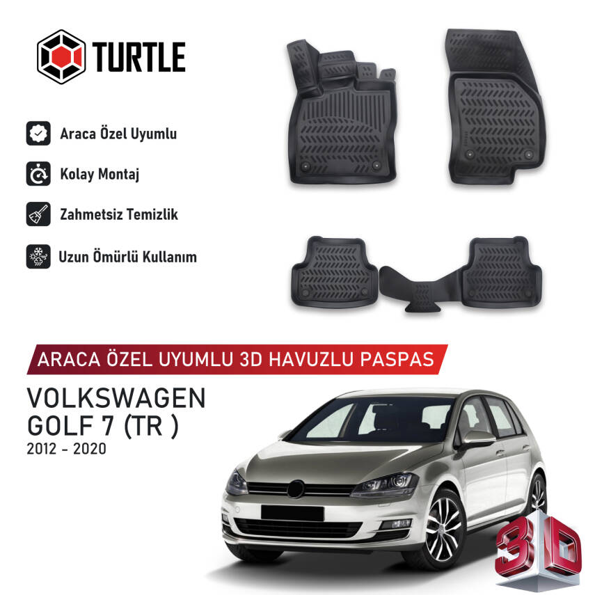 Turtle Volkswagen Golf (Mk7-Typ 5G) 2013-2021 Uyumlu 3D Havuzlu Oto Paspas - 1
