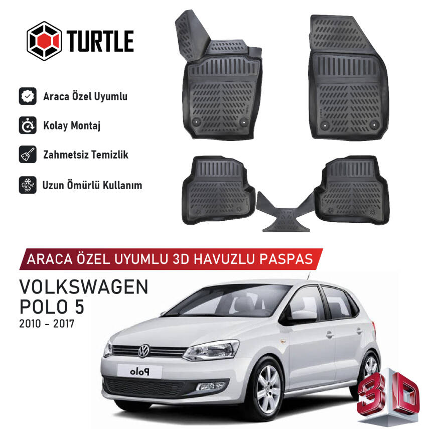 Turtle Volkswagen Polo (Mk5) 2009-2017 Uyumlu 3D Havuzlu Oto Paspas - 1
