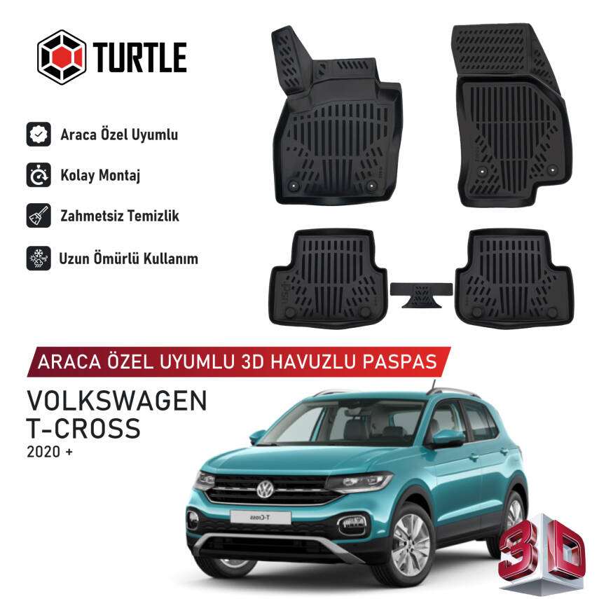 Turtle Volkswagen T-Cross (C11) 2019-2026 Uyumlu 3D Havuzlu Oto Paspas - 1