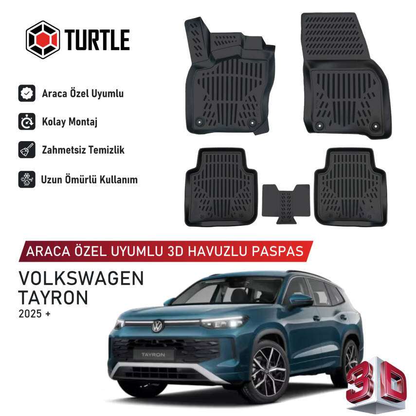 Turtle Volkswagen Tayron Mild-Hybrid (Mhev) 2025-2026 Uyumlu 3D Havuzlu Oto Paspas - 1