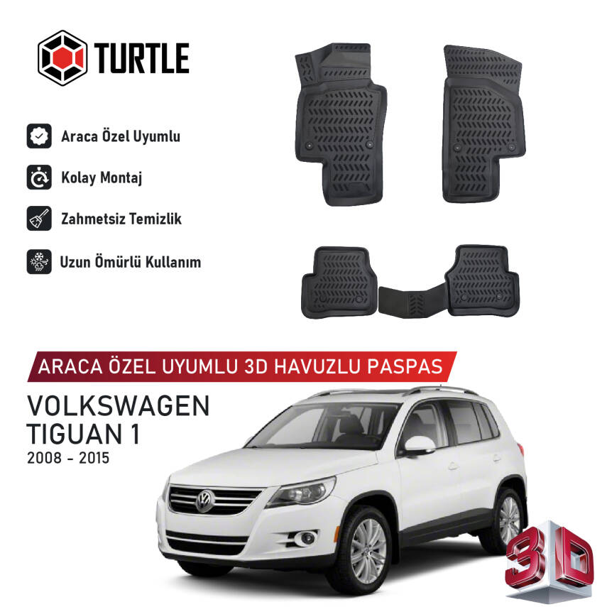 Turtle Volkswagen Tiguan (5N) 2007-2016 Uyumlu 3D Havuzlu Oto Paspas - 1
