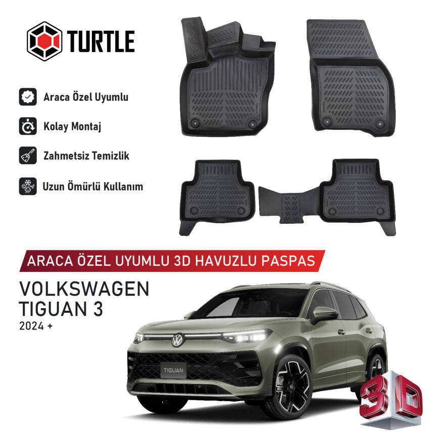 Turtle Volkswagen Tiguan (III) 2024-2026 Uyumlu 3D Havuzlu Oto Paspas - 1